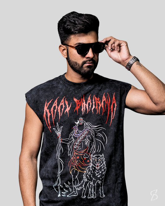 The Fearless: Kaal Bhairav Sleeveless Oversized Tee – Acid Wash | Glow-in-the-Dark | 240 GSM French Terry