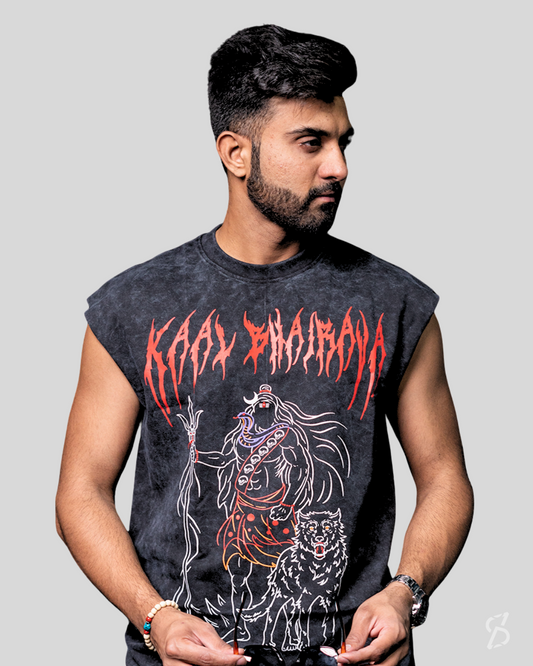 The Fearless: Kaal Bhairav Sleeveless Oversized Tee – Acid Wash | Glow-in-the-Dark | 240 GSM French Terry